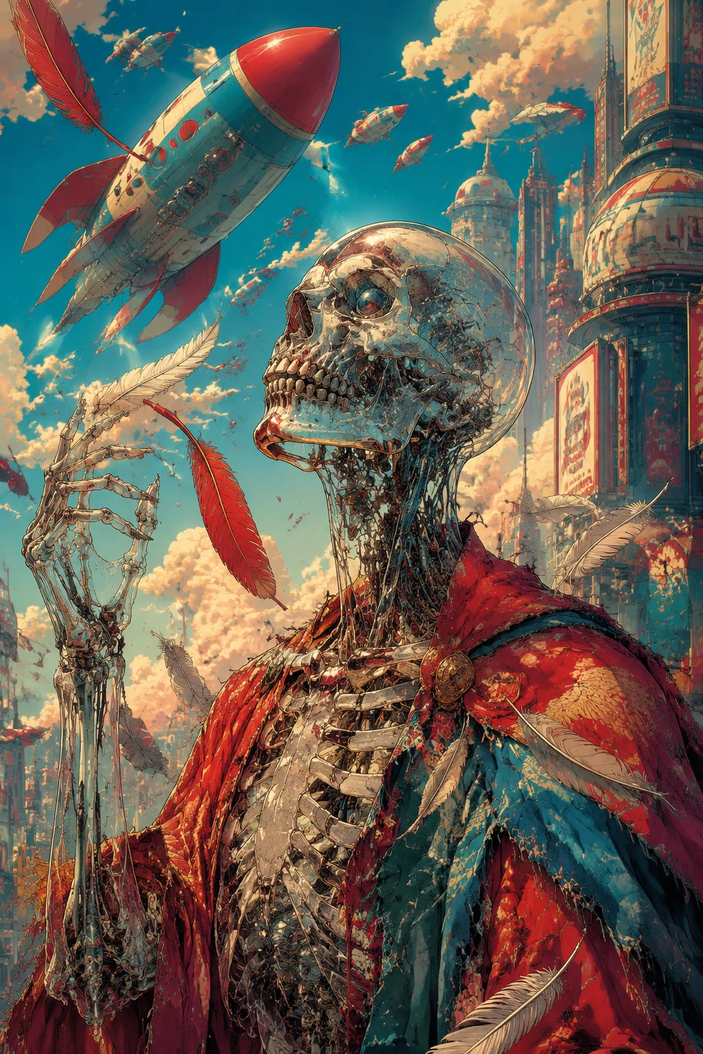 Zombi retrofuturista en una ciudad brillante de estilo cómic