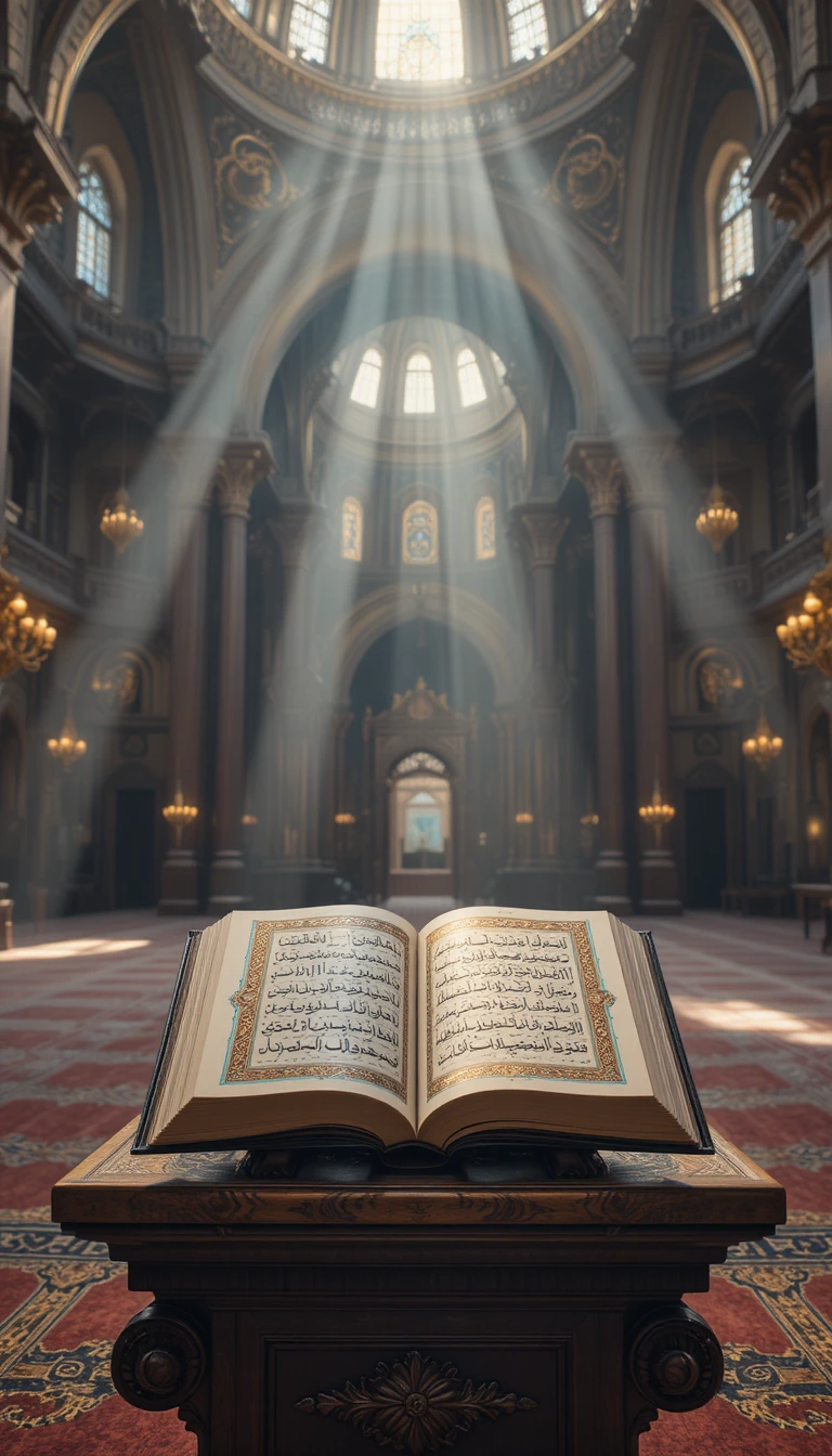 Open Holy Quran On Wooden Stand In Grand Mosque Light