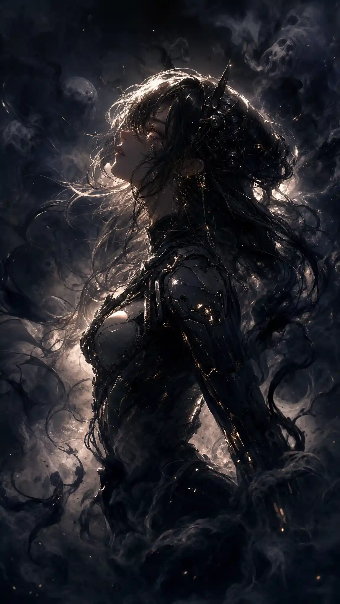 Dark maiden in cyber armor amid writhing soul mist