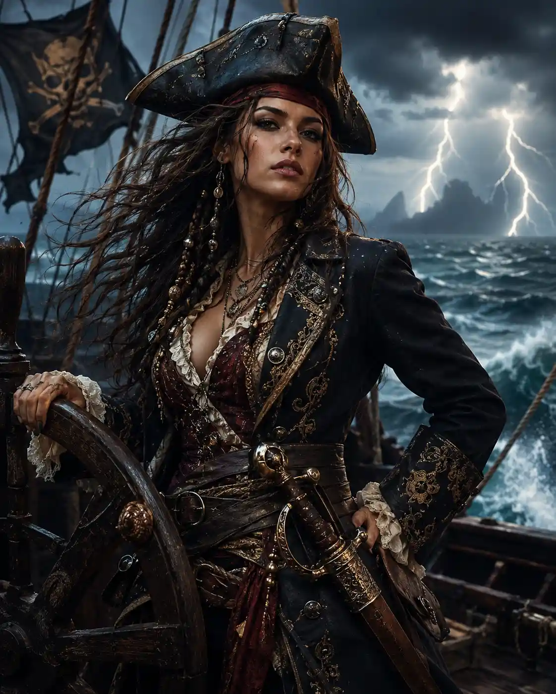 Bold female pirate captain at the stormy ship helm