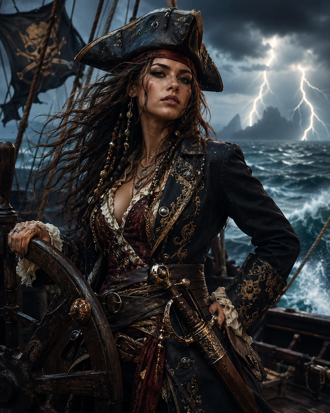 Bold female pirate captain at the stormy ship helm