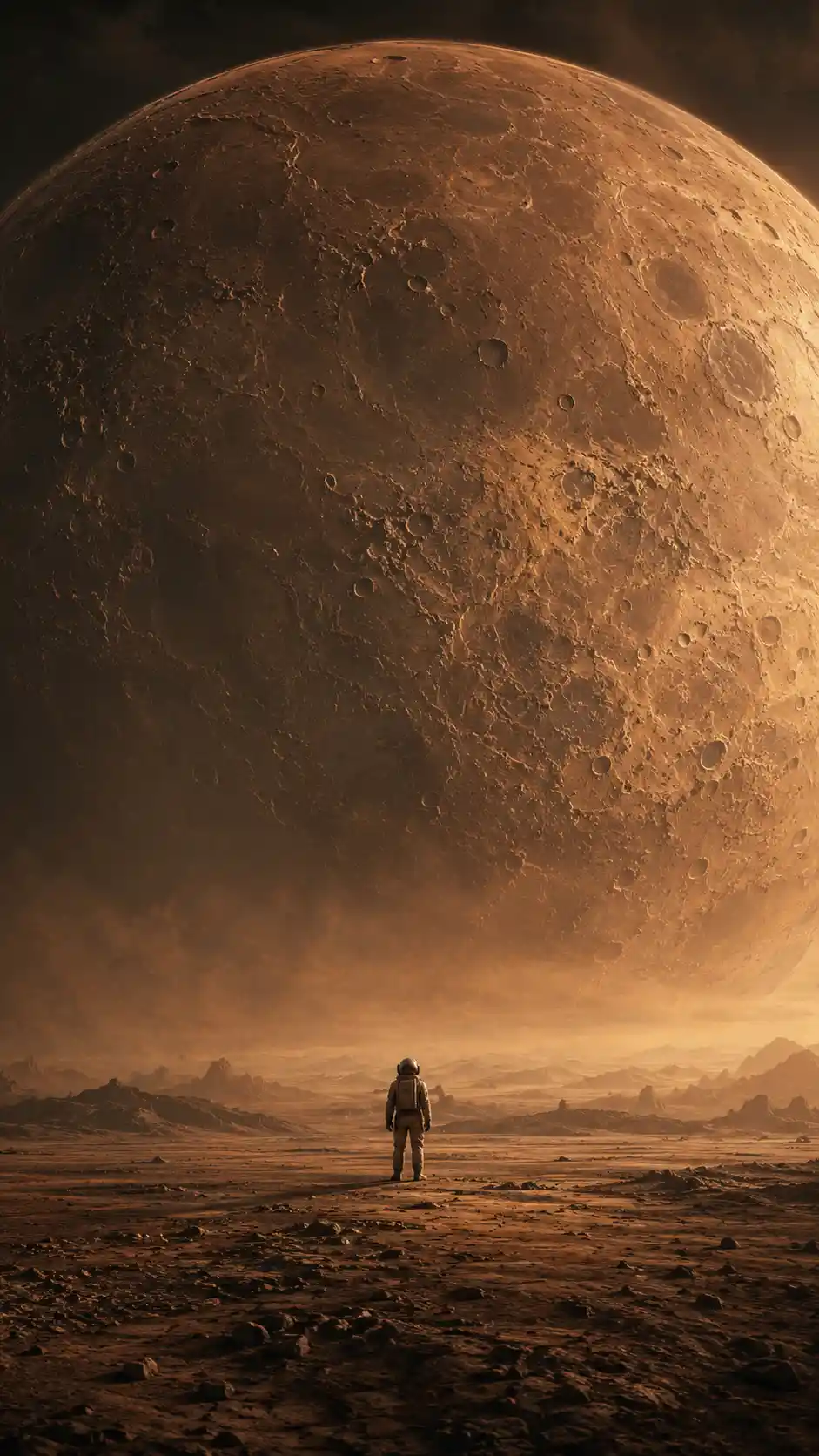 Astronaut in öder Wüste unter riesigem Planeten