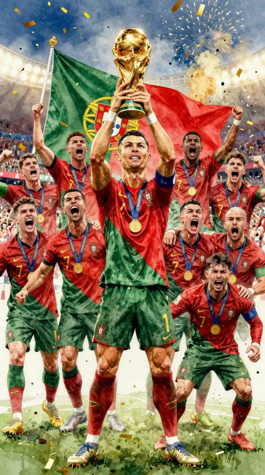 Portugal football champions lifting the World Cup trophy
