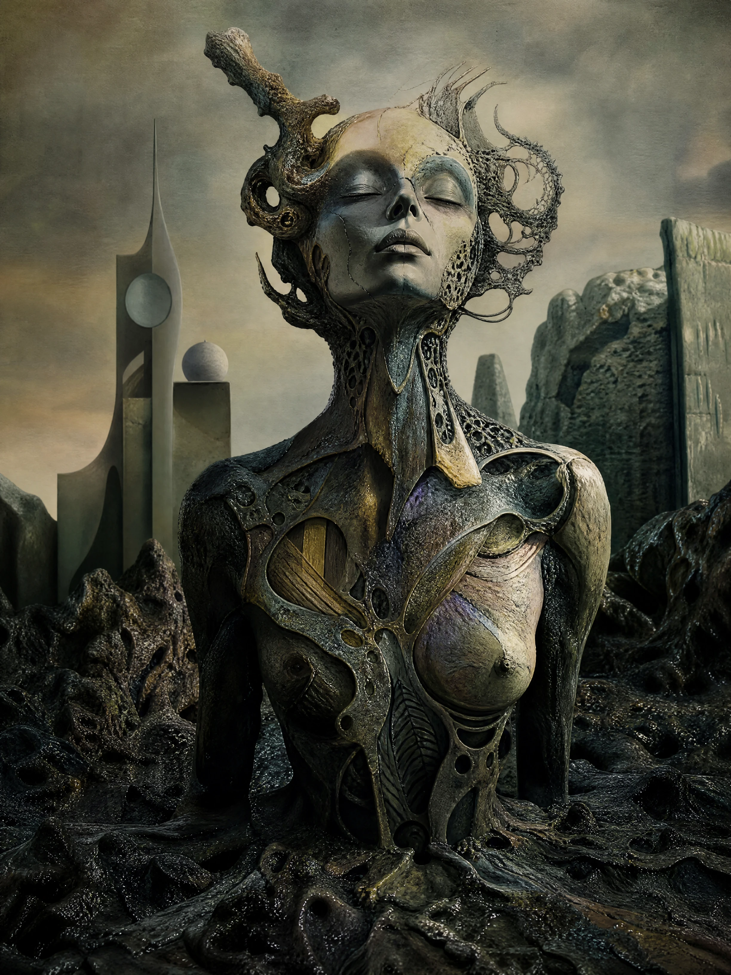 Surreal humanoid figure rising from primordial abstract landscape