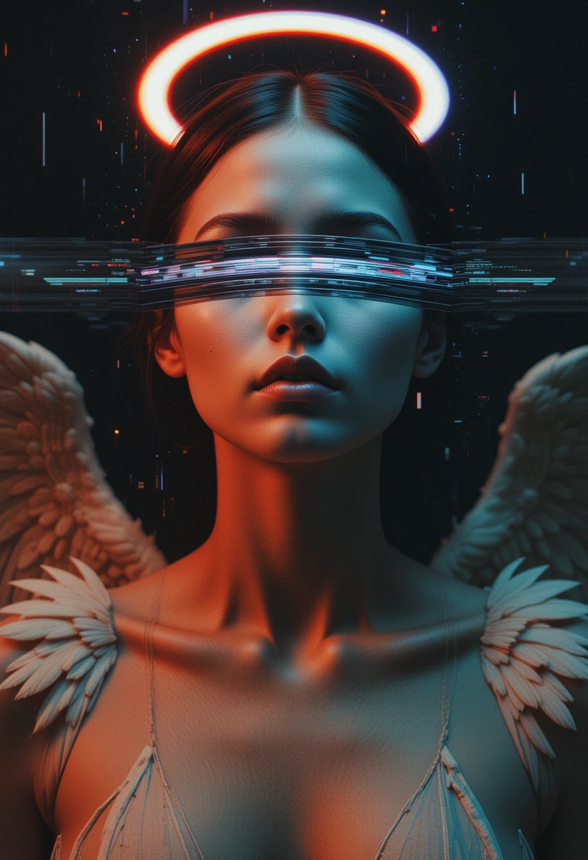 Somber angelic close up with glitch obscured eyes