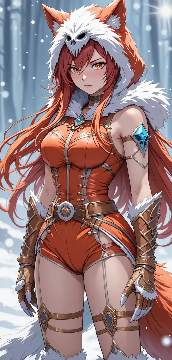 Anime warrior woman with crimson hair in snowy landscape
