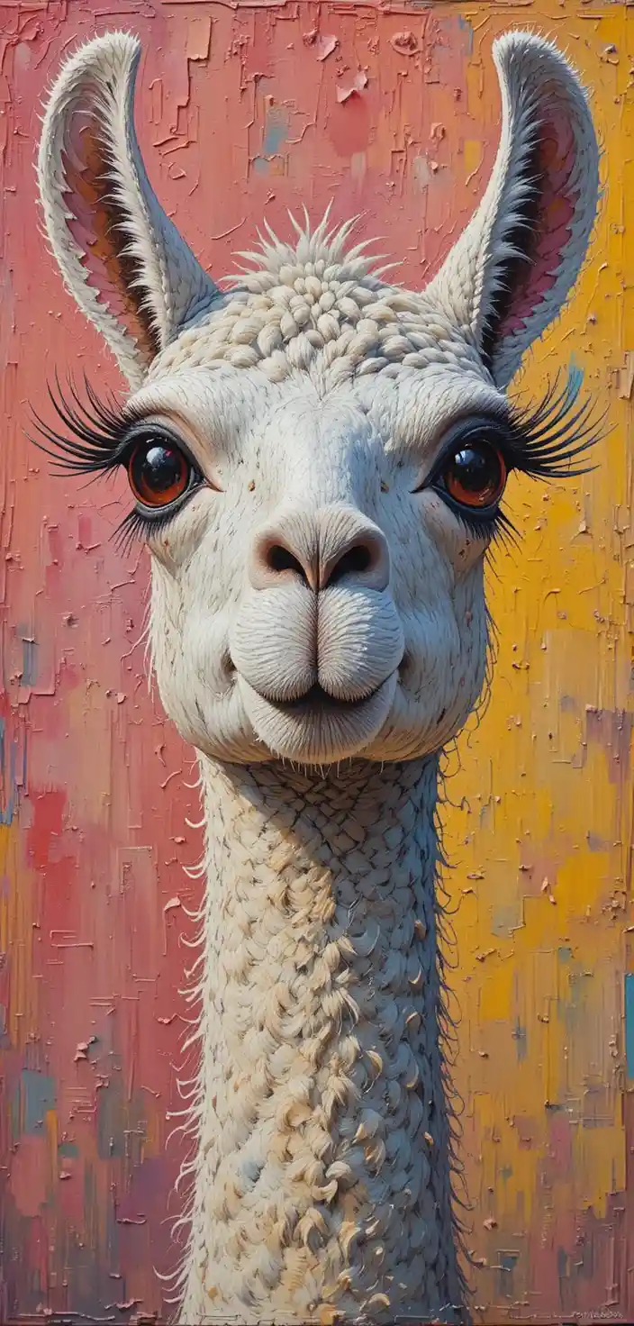Colorful oil painting close up of a llama face