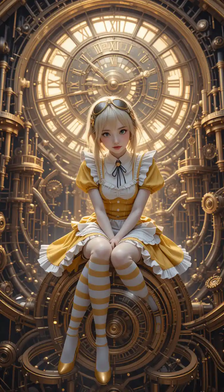 Cheerful steampunk anime maid on a floating gear