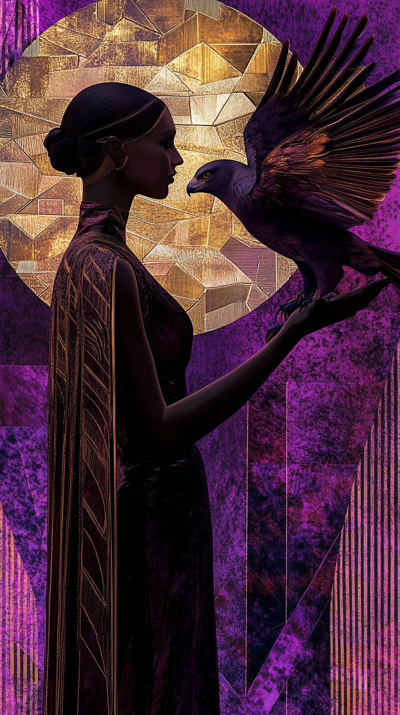 Woman holding falcon with crystalline geometric wings