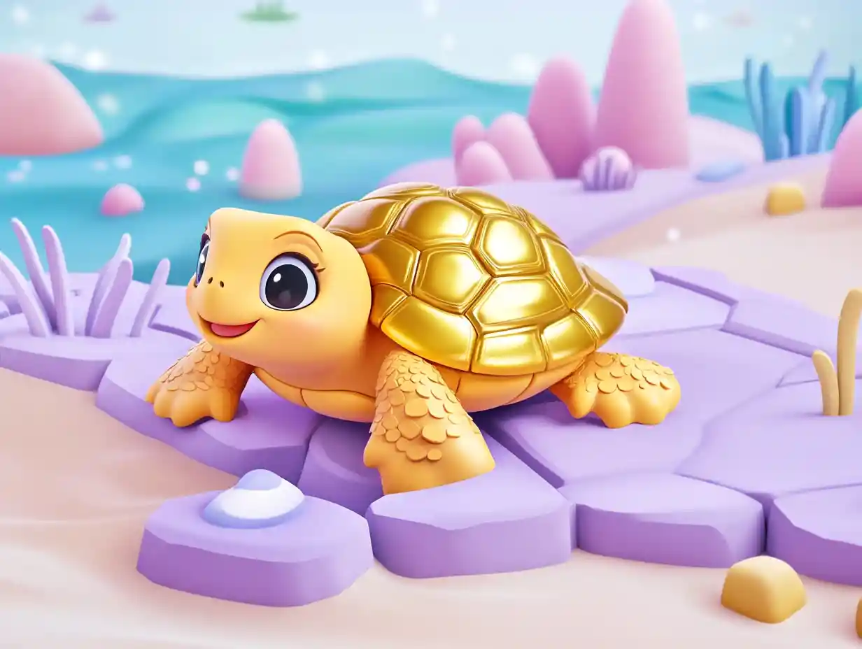 Cute 3D cartoon turtle roaming happily in its habitat