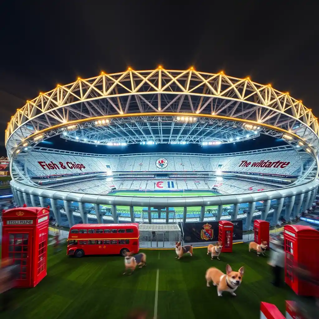 Majestic silver and gold soccer stadium with English icons
