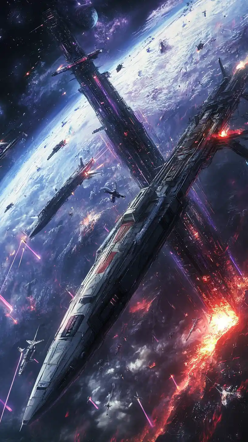 Anime battle between spaceships in orbit above a vast planet