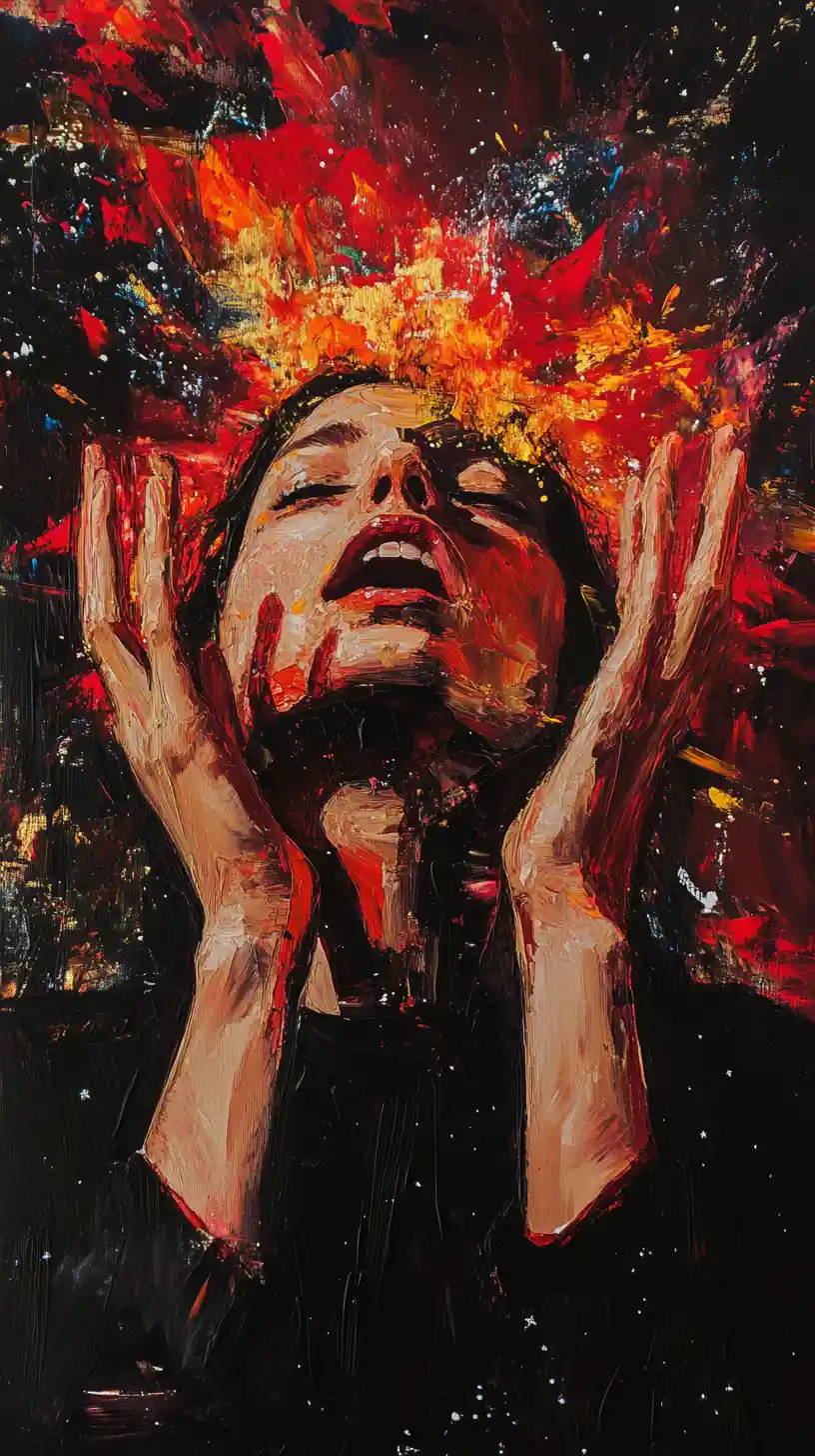 Woman reaching her hands up to a glowing starry sky