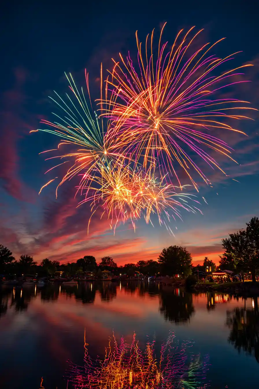 Fireworks glowing over a calm summer evening lake