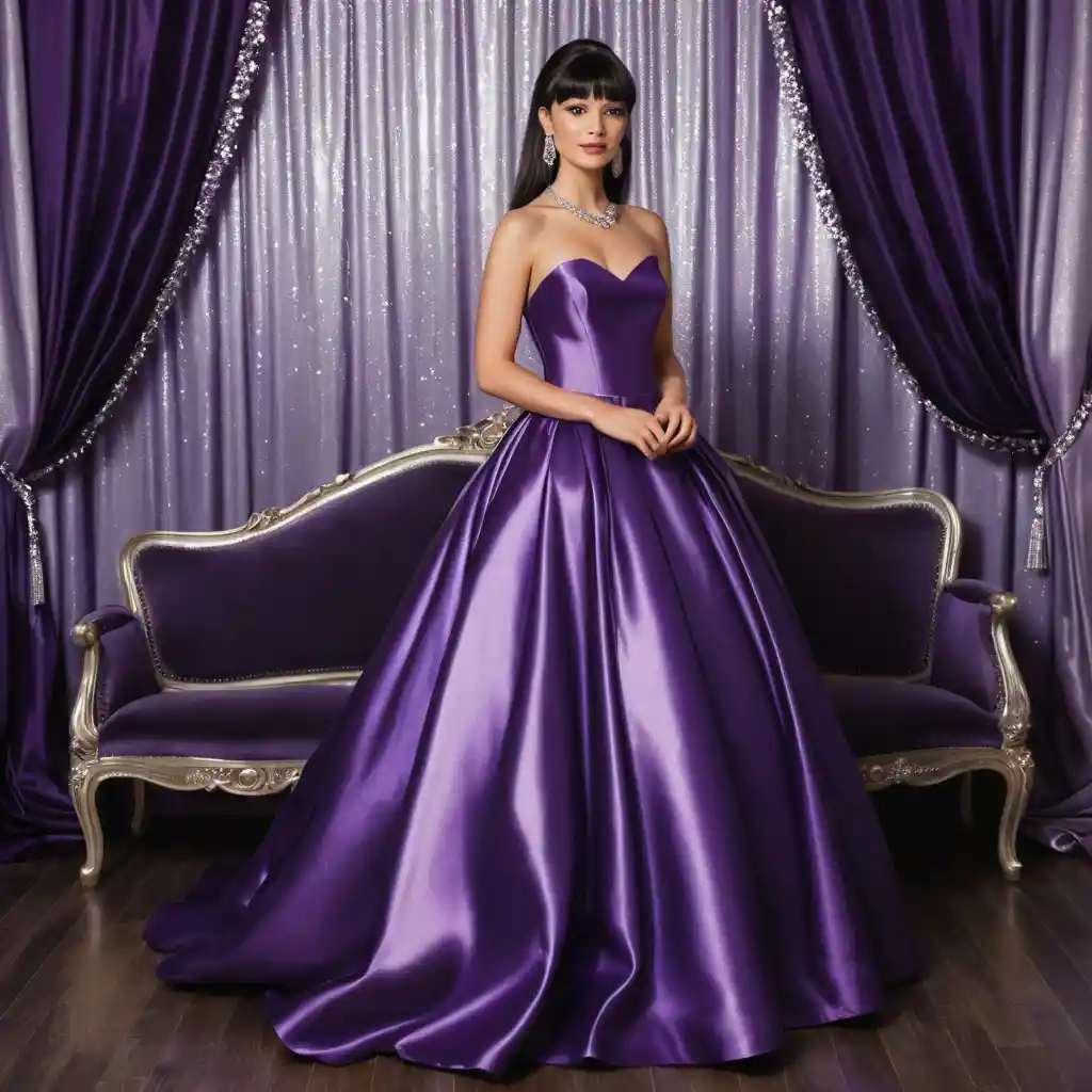 Elegant woman in royal purple satin ballgown indoors