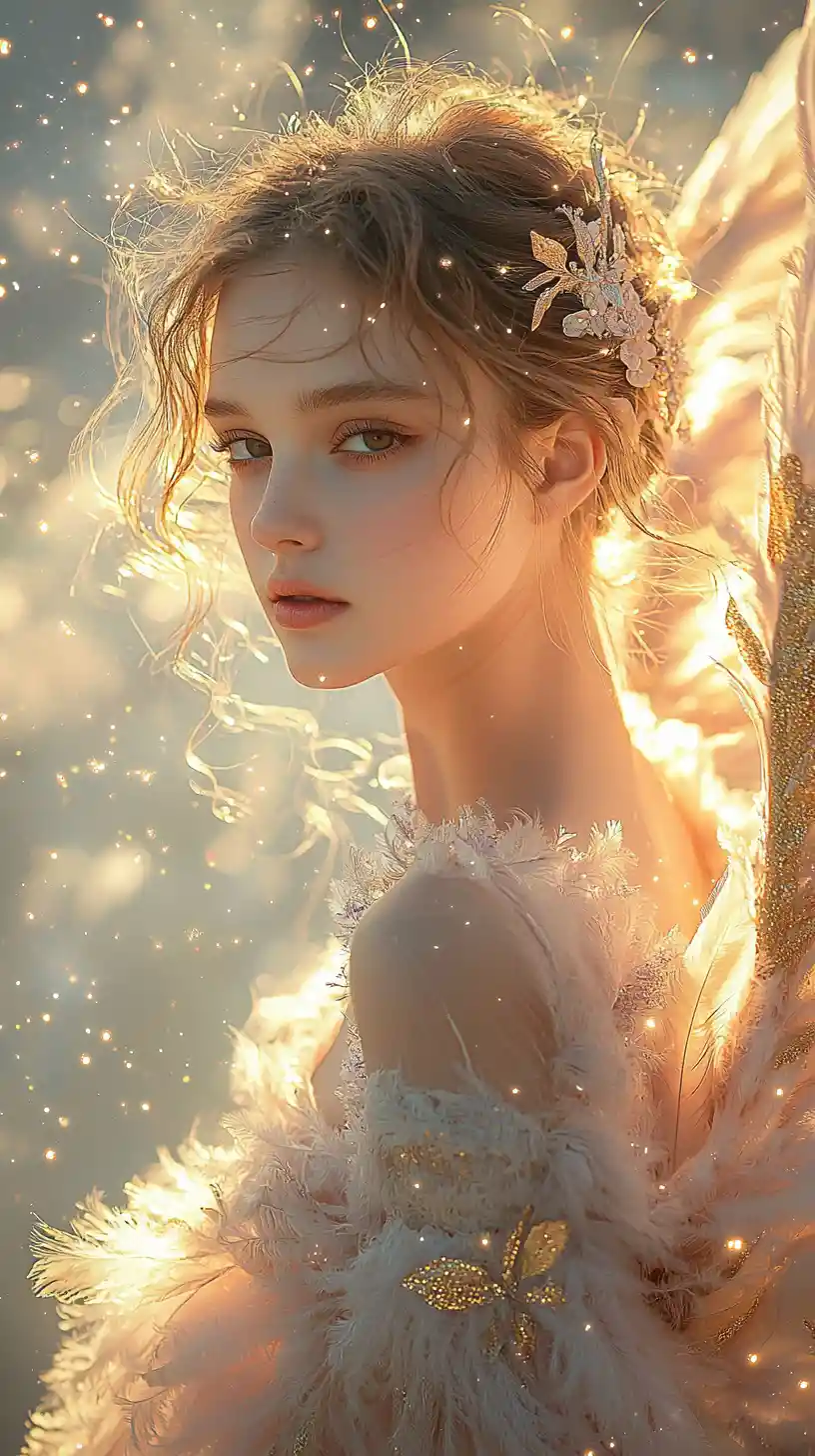 Ethereal angel woman in heavenly pastel light