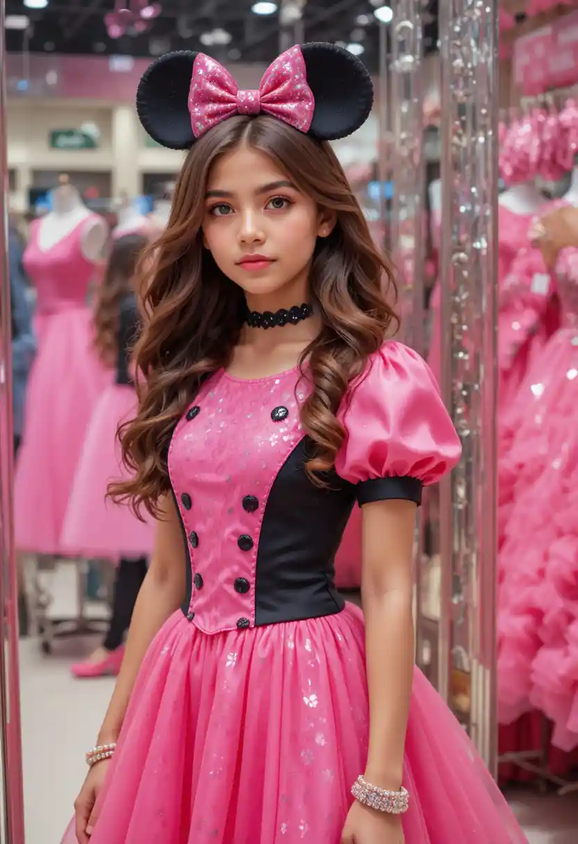 Young girl admiring herself in pink Minnie dress shop mirror