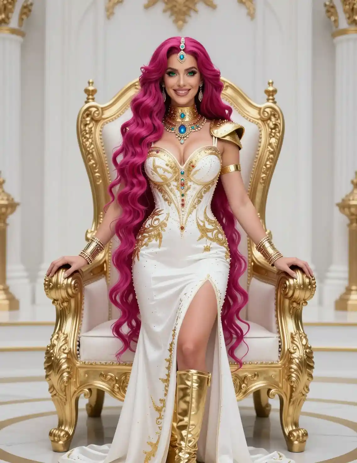 Cosmic goddess on a golden throne in white bardot dress