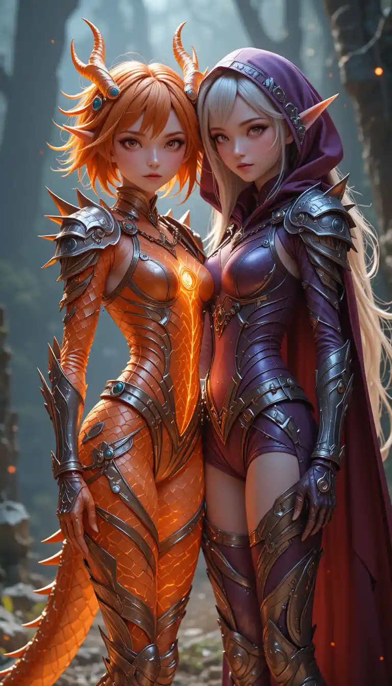 Half dragon warrior and hooded elf facing together