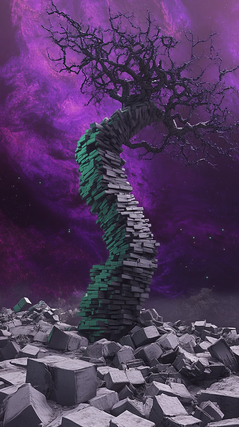 Lonely dead tree rising from chaotic gray block world