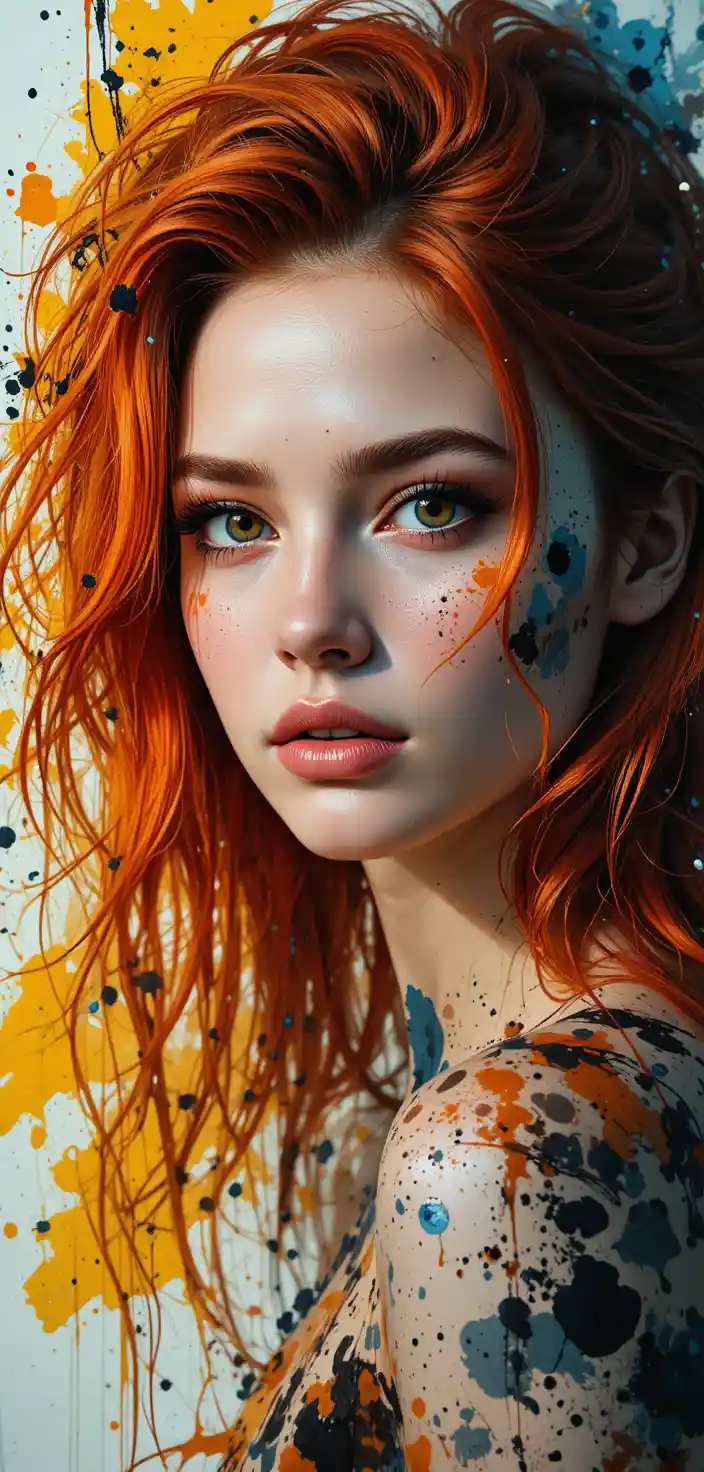 Watercolor portrait of red haired girl with heterochromatic eyes