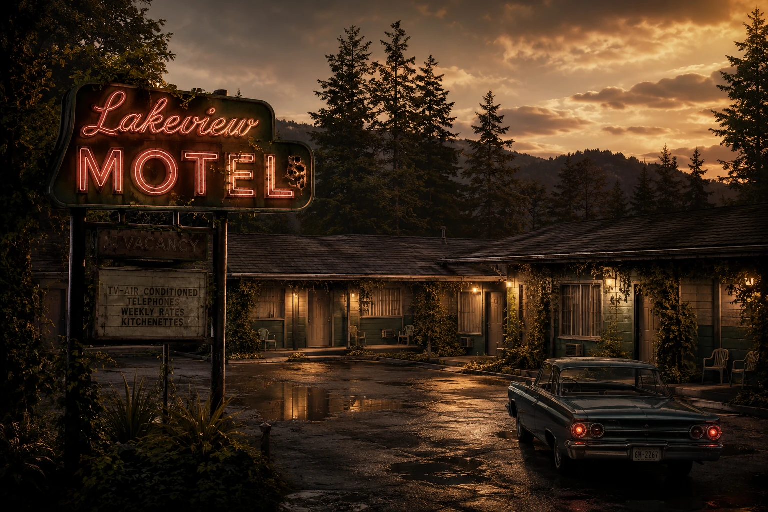 따스한 오후 빛이 저물어 가는 외딴 호숫가 모텔