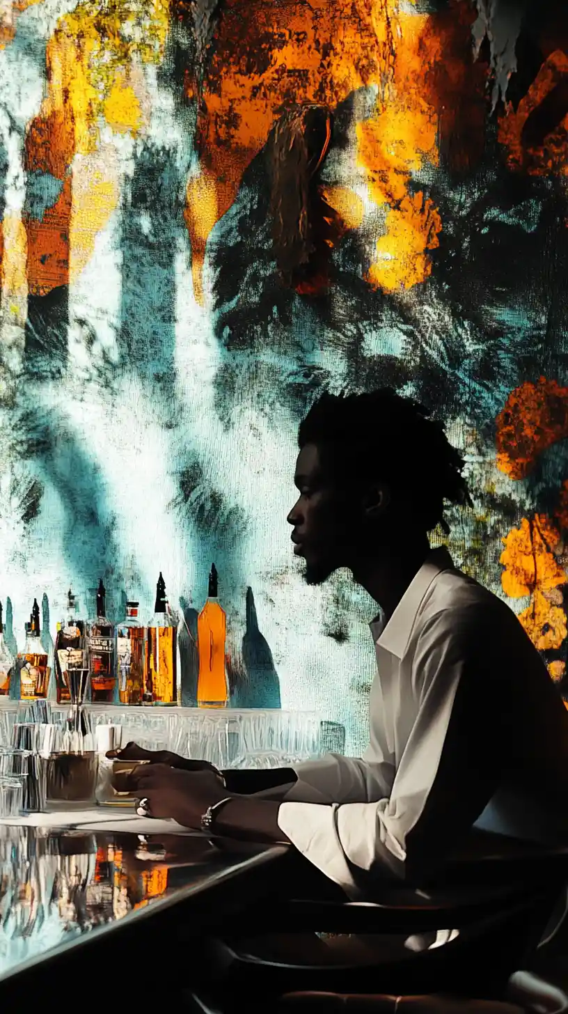 Man sitting at a Jamaican bar counter in the evening