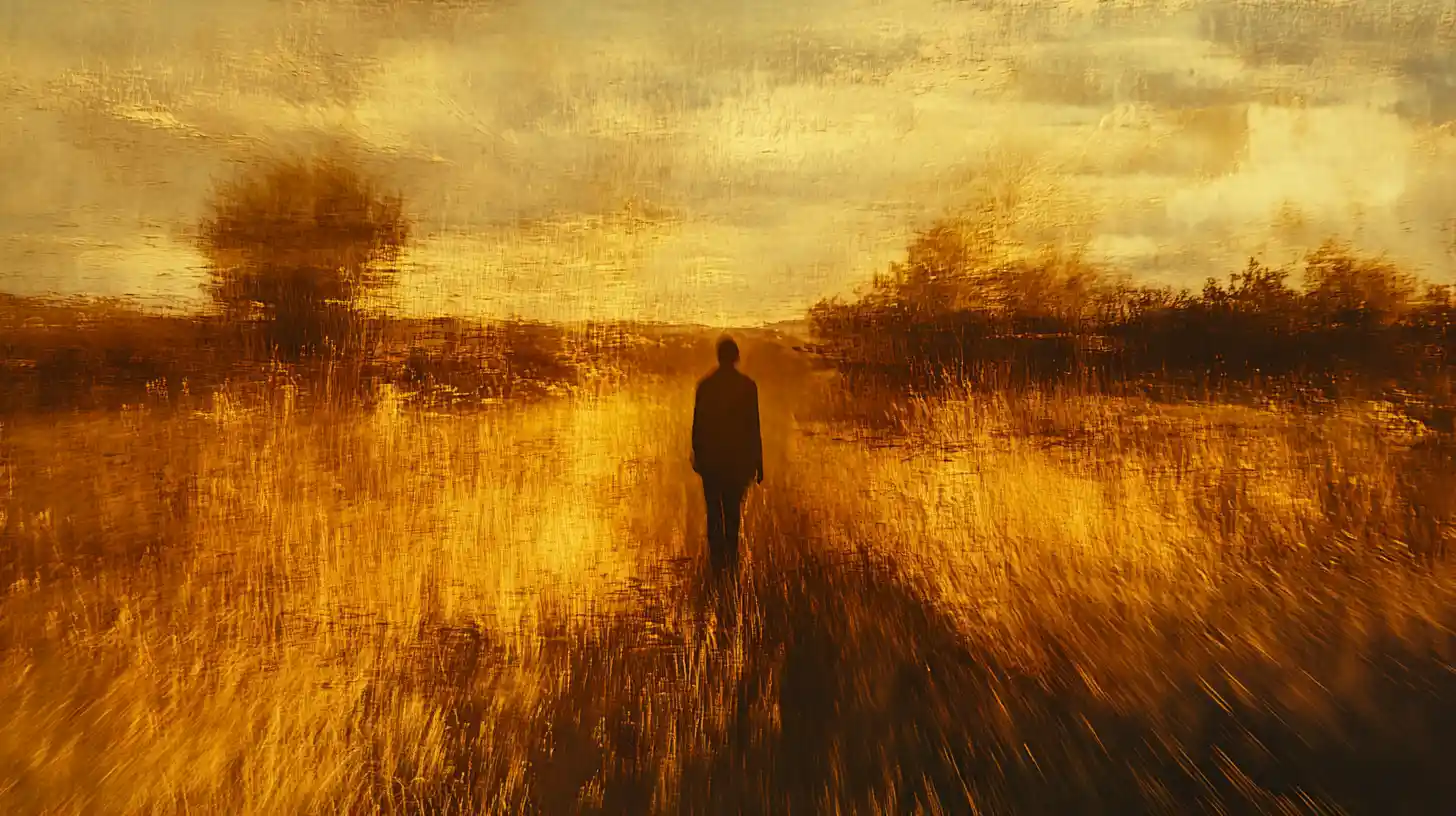Lone figure facing unfolding abstract trajectories in gold tones