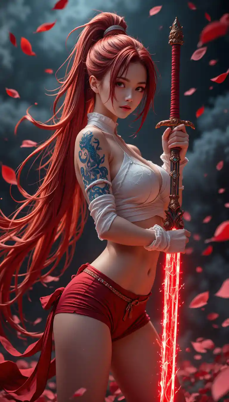 Anime warrior woman with red hair and heavy blade