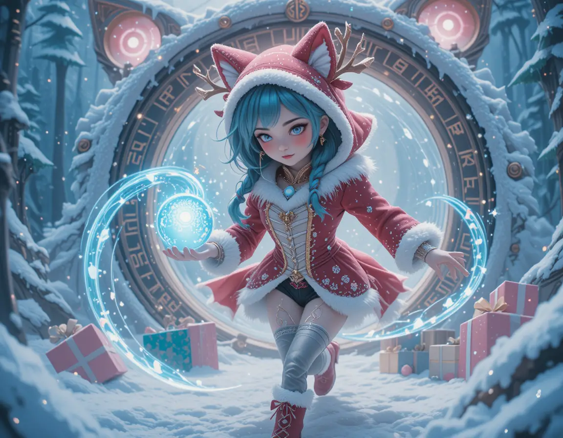 Anime reindeer sorceress running before a glowing cat portal