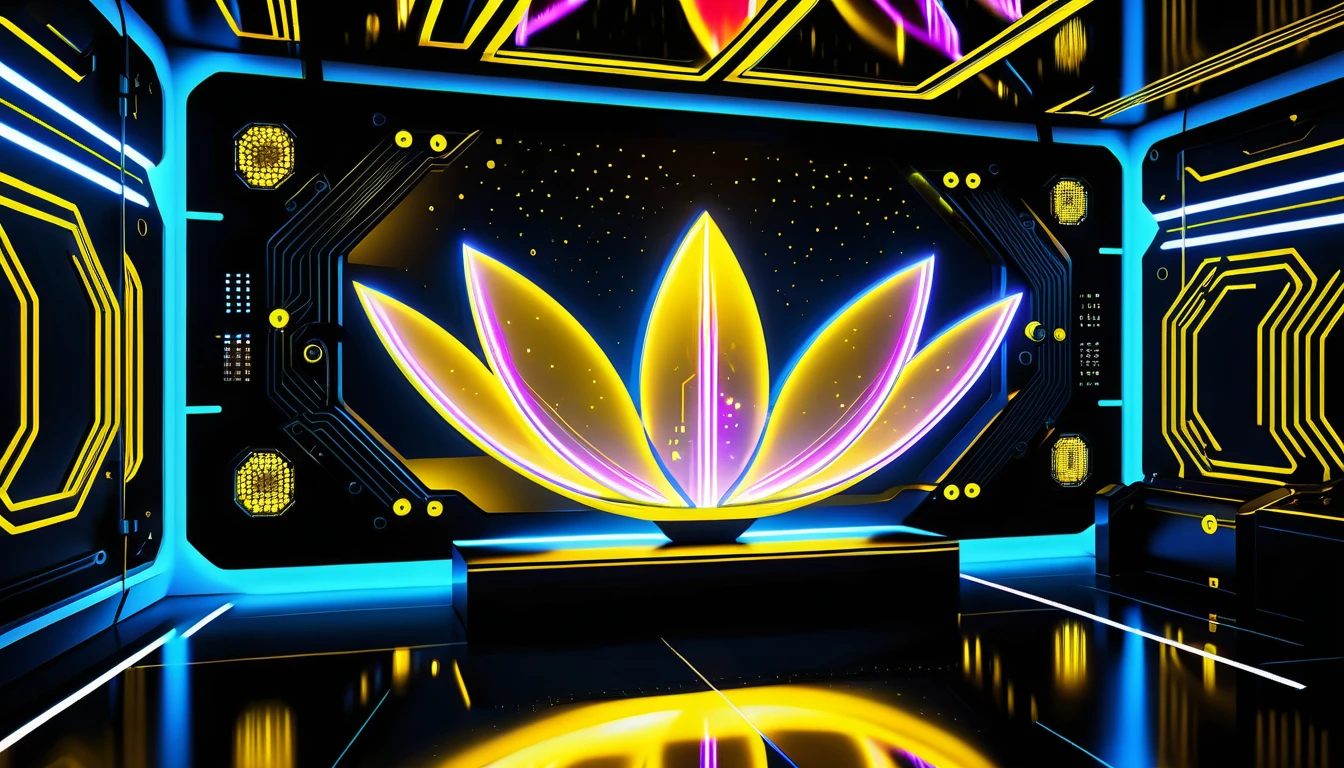 Futuristic circuit board glowing in yellow cosmic space
