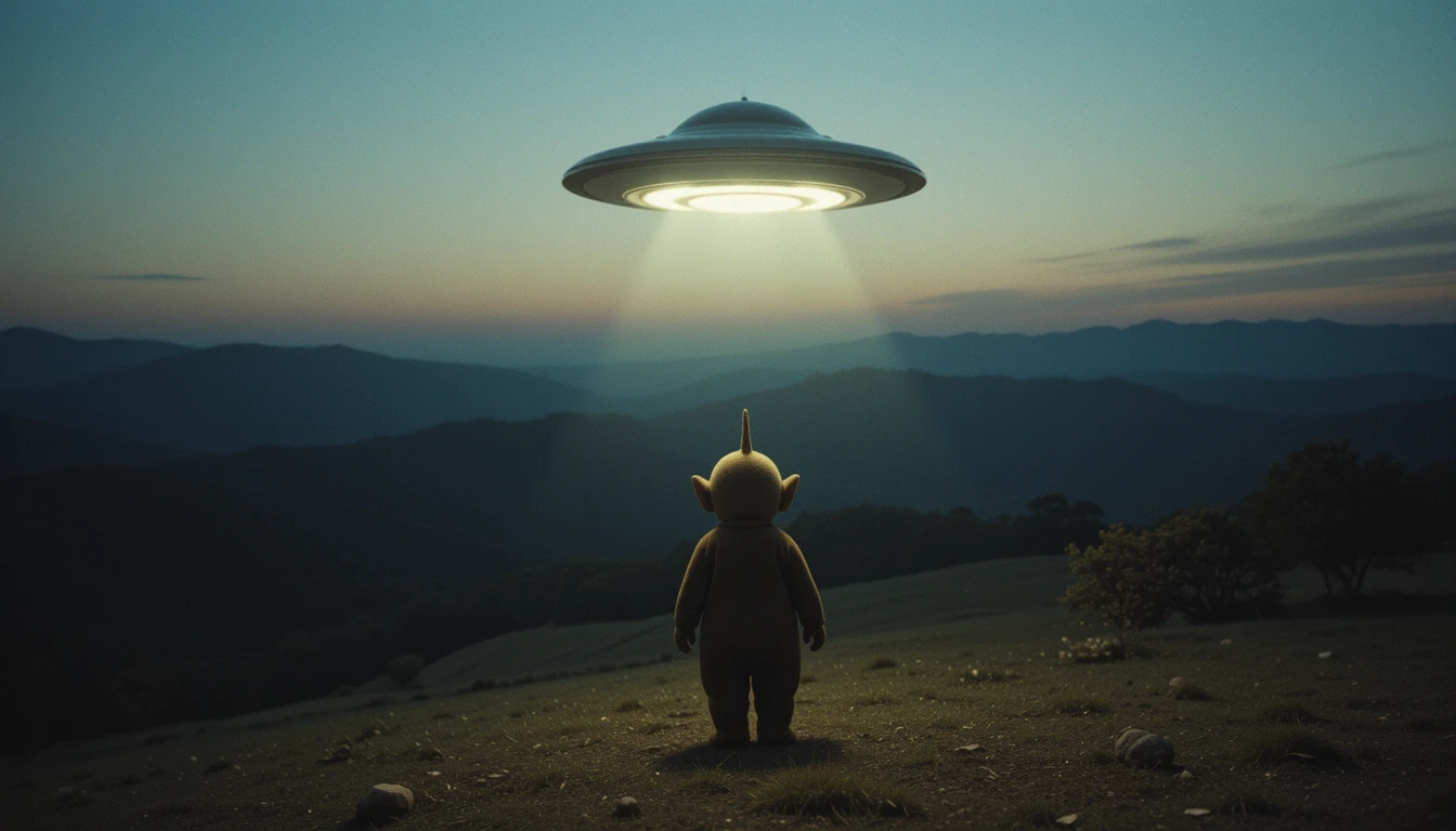 Minimalist dusk scene with a UFO over a distant figure