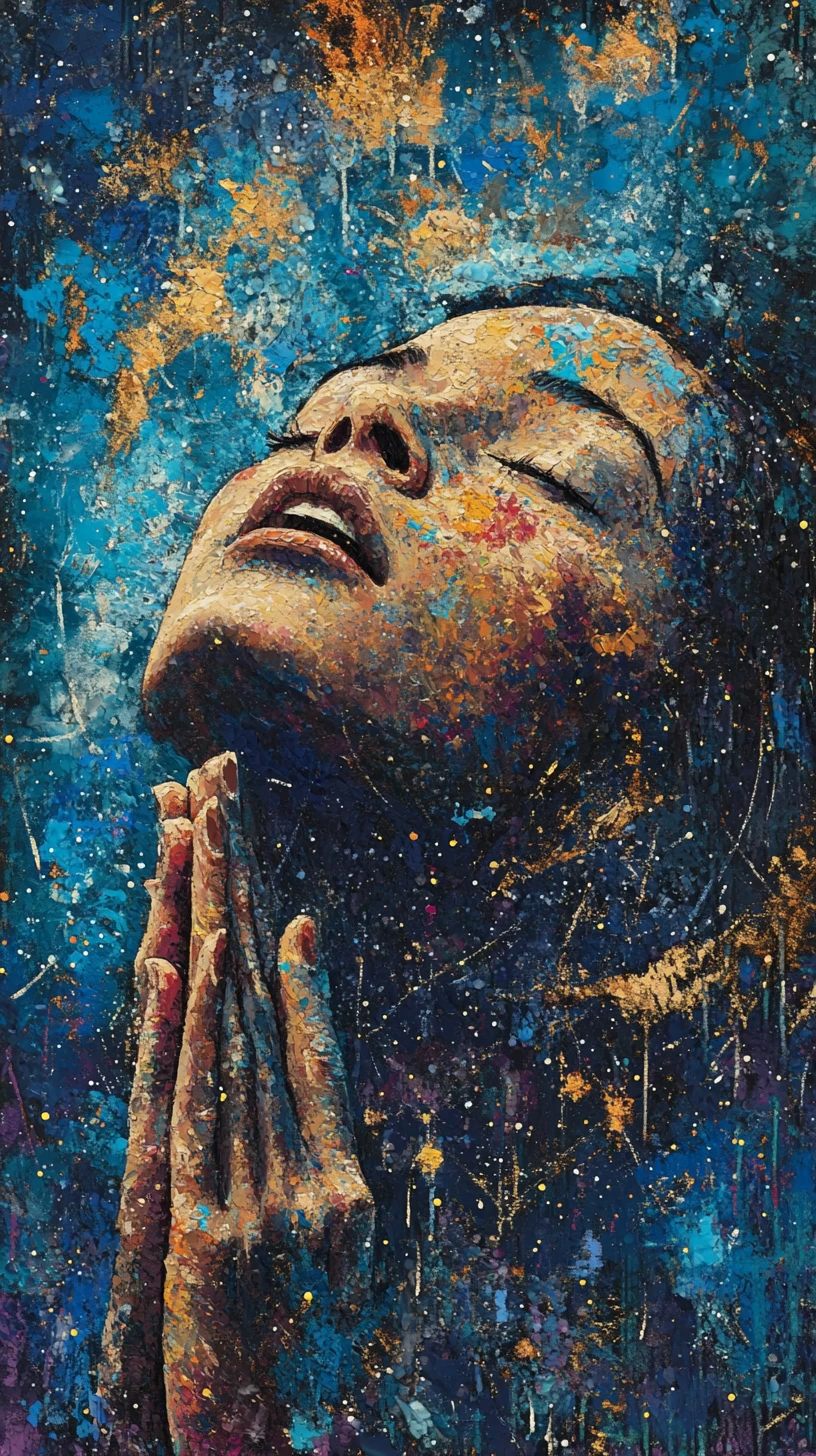 Girl reaching her hands toward a glowing starry sky