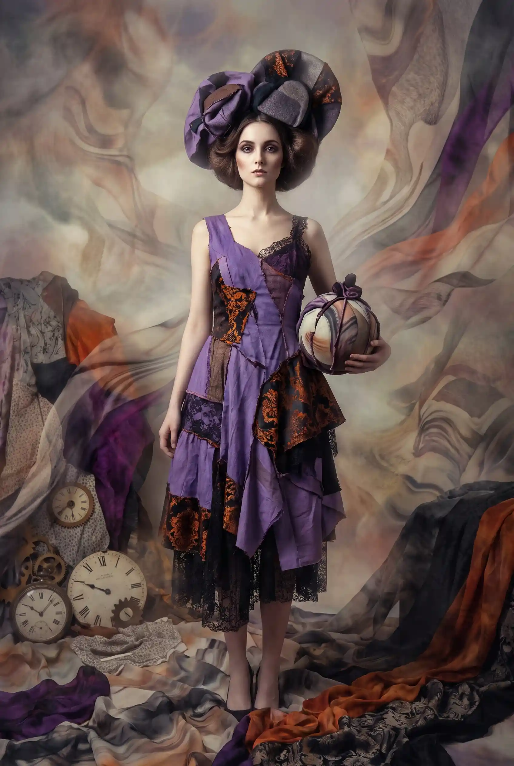 Elegant woman in violet dress in a swirling dreamscape