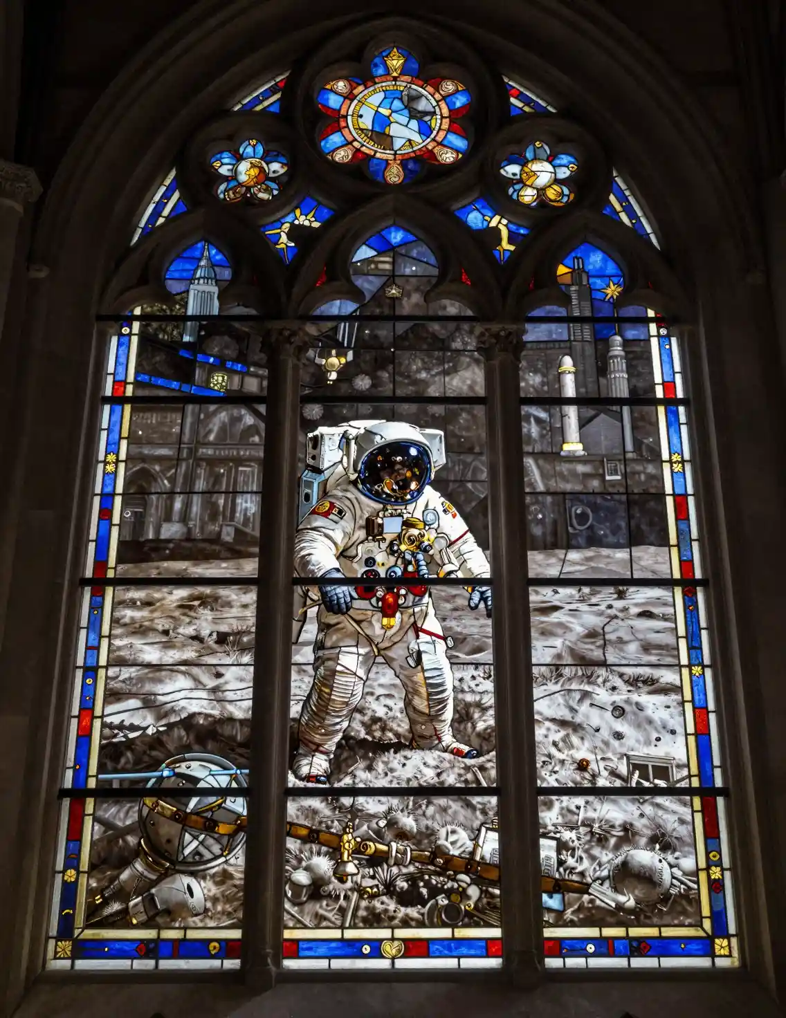 Buntglasfenster einer Kathedrale mit der Apollo-11-Mondlandung