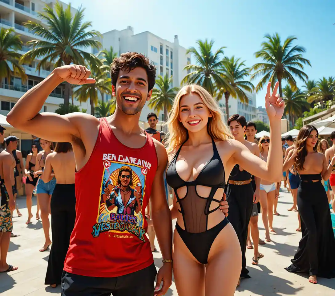 Young friends posing playfully at a sunny outdoor party