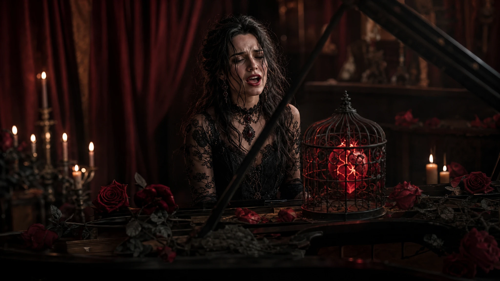 Gothic woman singing at piano to a caged glowing heart