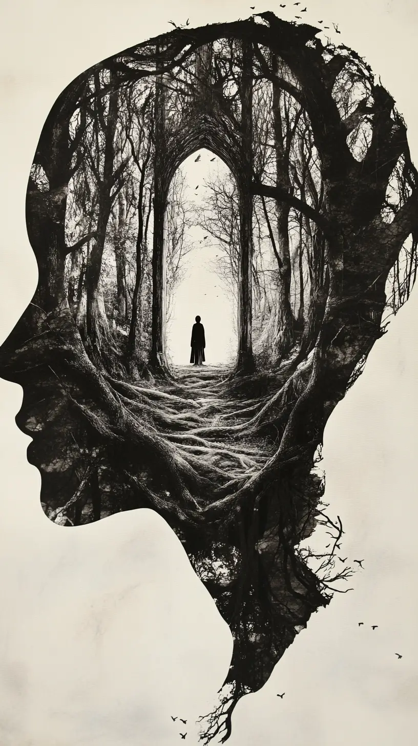 Surreal human profile of bark opening into tree cathedral