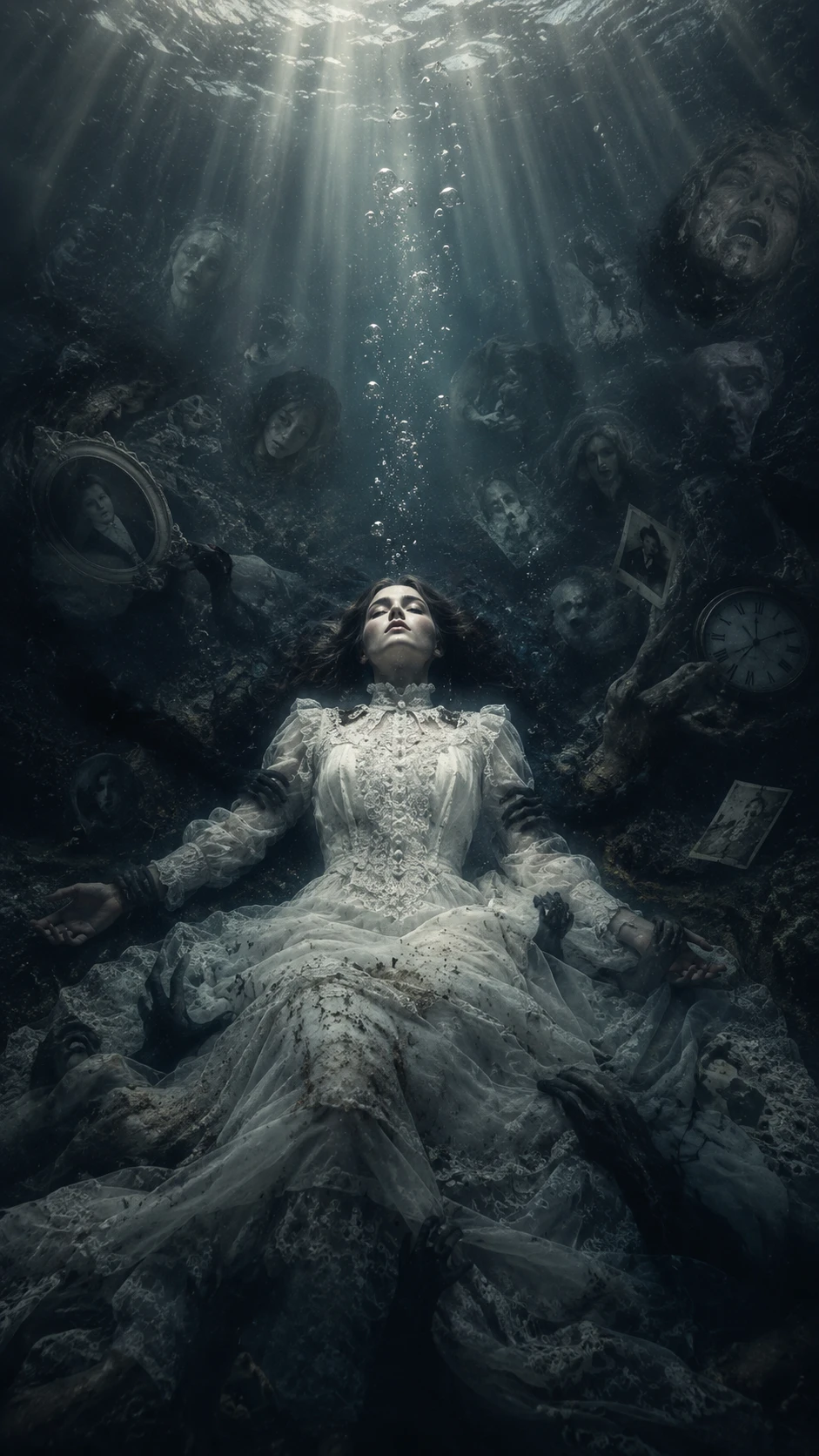 Woman in white dress lying on the ocean floor