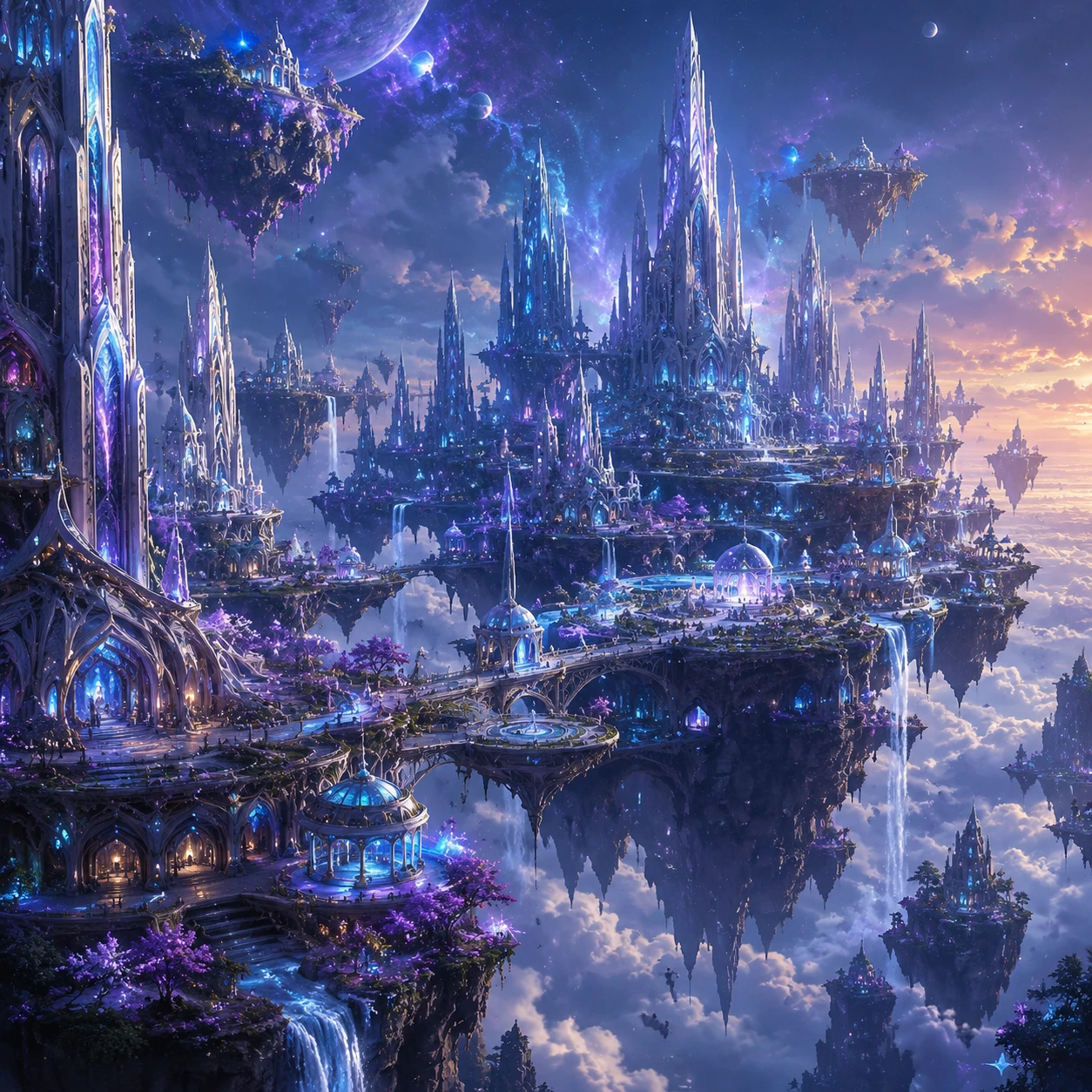 Floating island city bathed in glowing alien sky