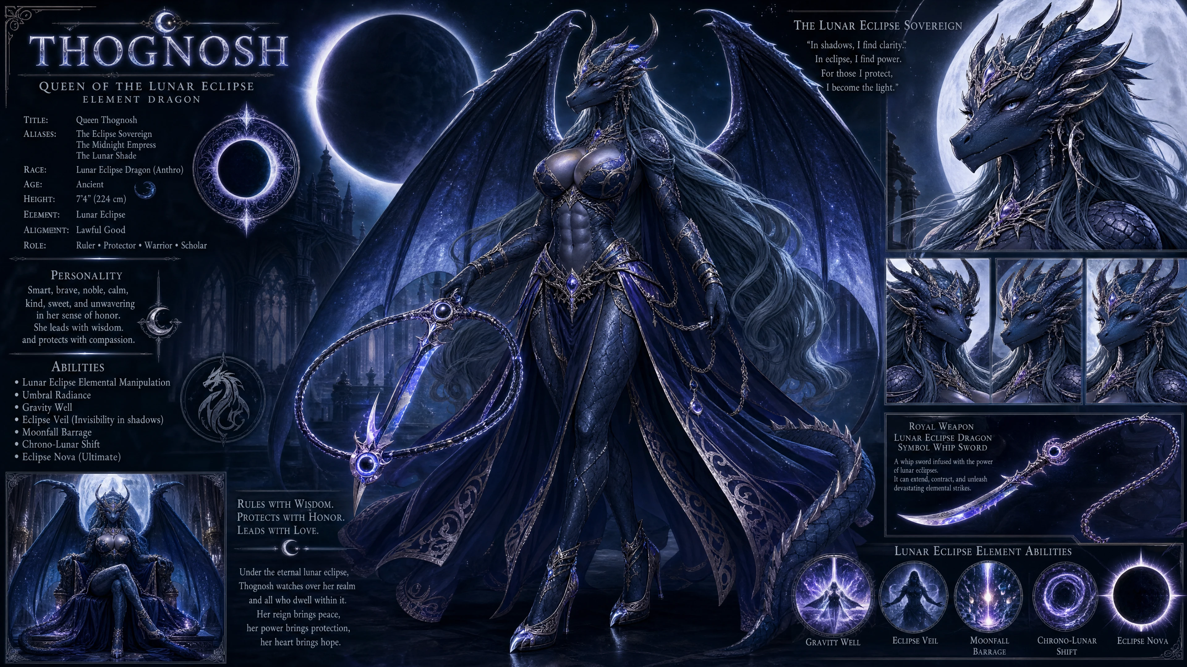 Winged dragon queen with lunar eclipse powers in regal attire