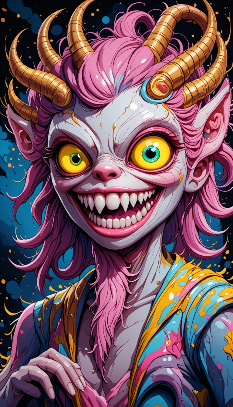 Psychedelisches Cartoon-Monsterporträt mit wildem, buntem Haar