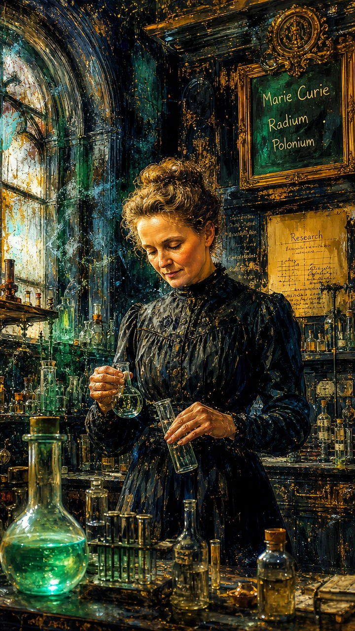 Romantic painting of Marie Curie working in a bright laboratory