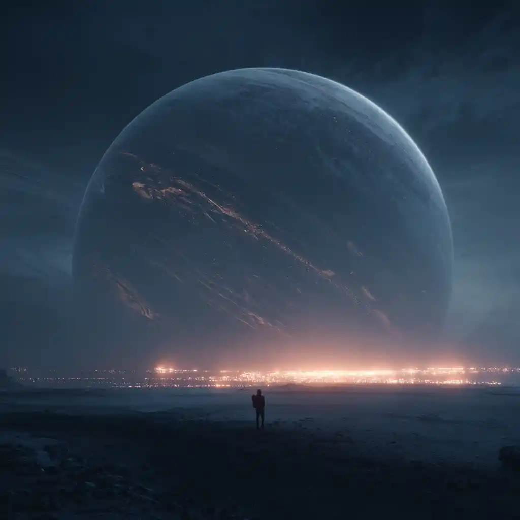 Einsame Gestalt unter einem kolossalen fremden Planeten im dunklen Himmel