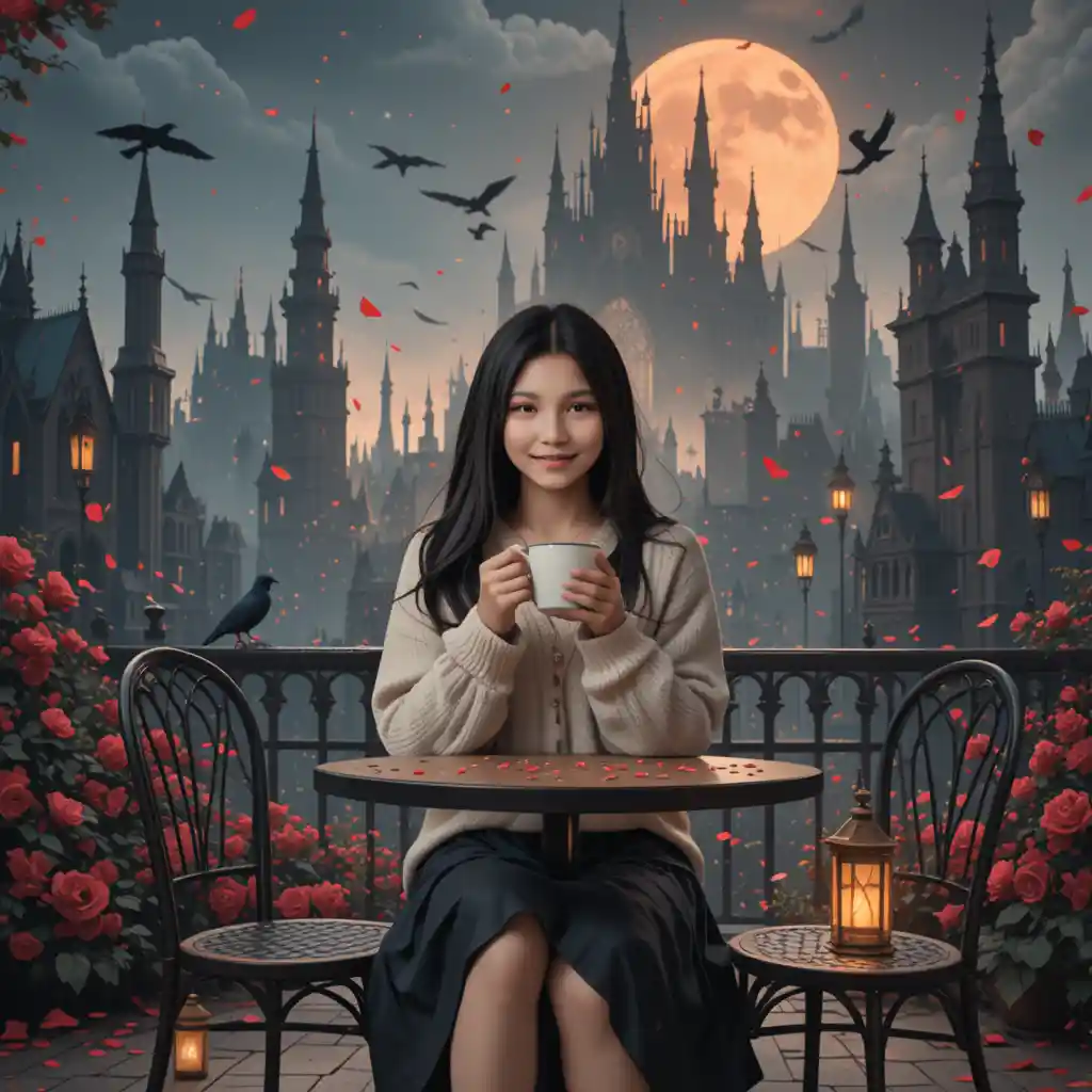 Anime girl at outdoor cafe with distant gothic city