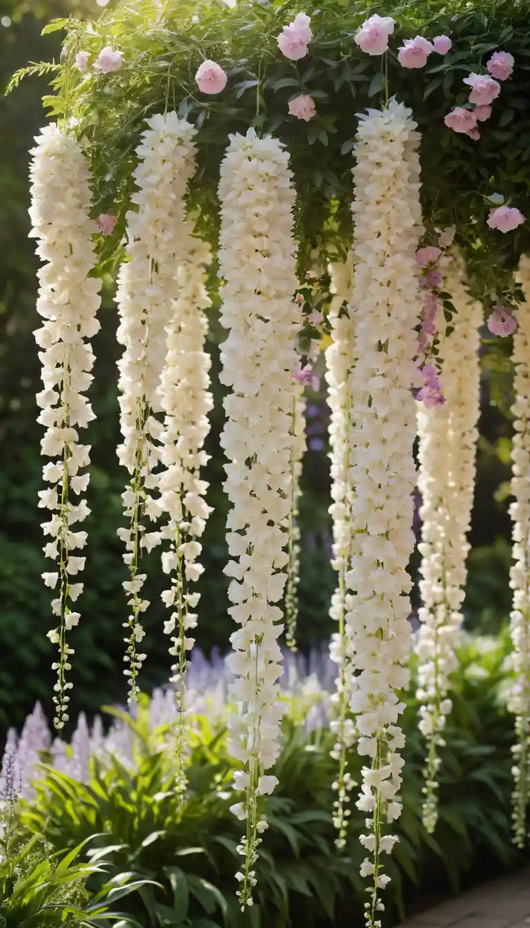 Cascading white and lavender flowers in bright garden sunlight