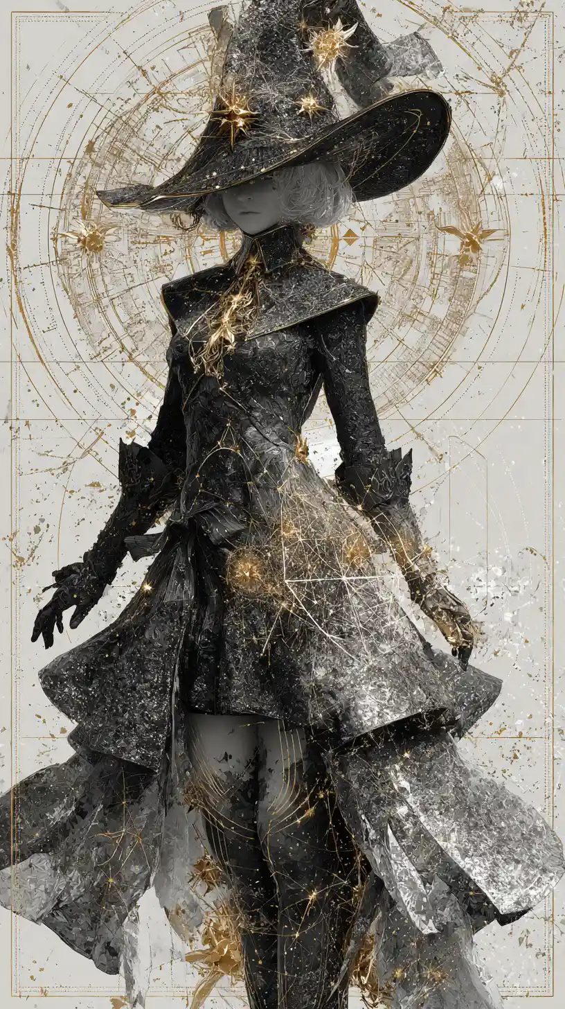 Mystical anime witch in luxurious celestial streetwear