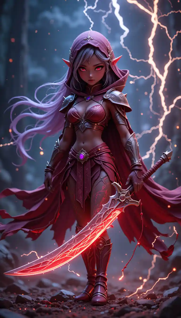 Crimson elf warrior with crackling lightning and heavy blade