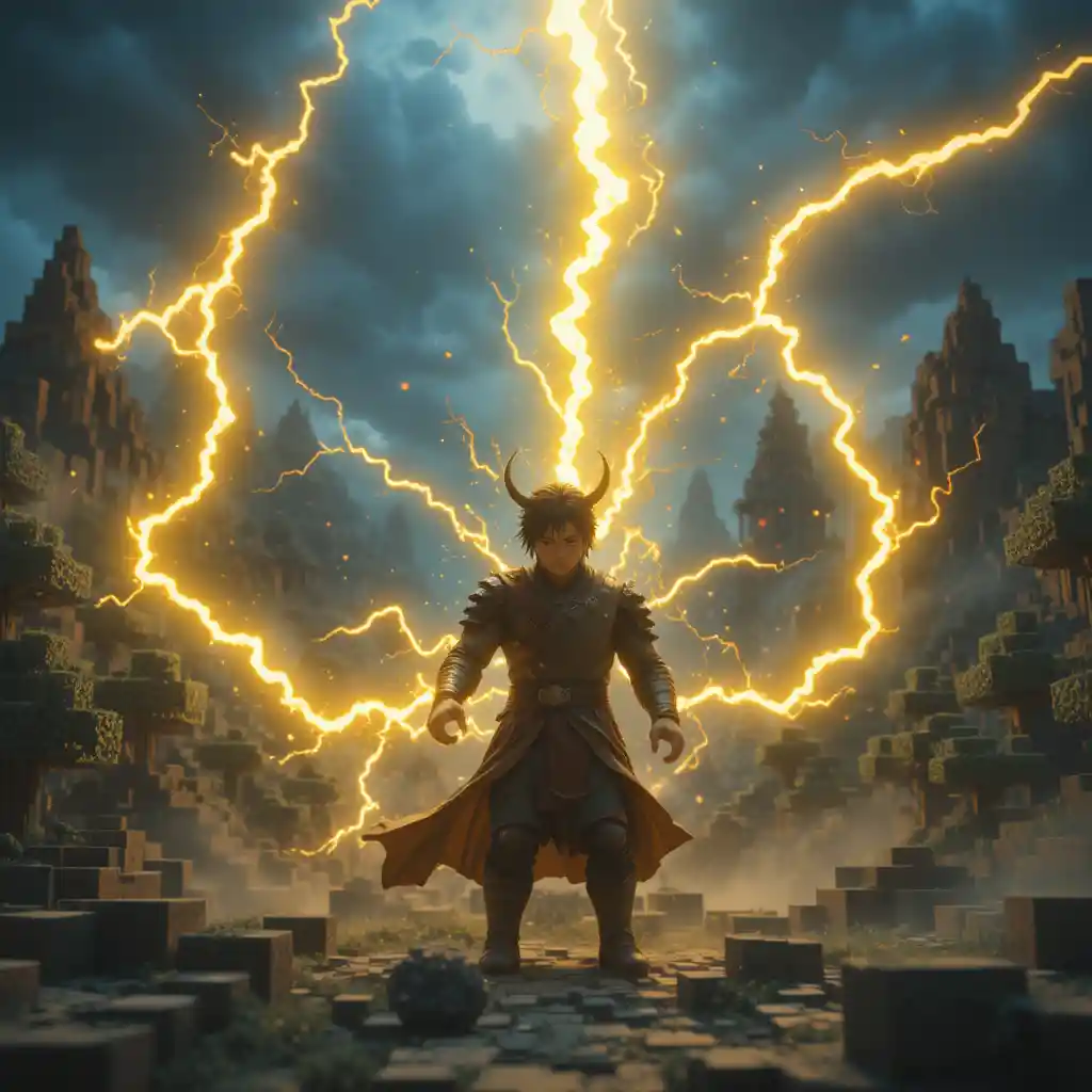 Anime warrior unleashing lightning in a voxel mountain world