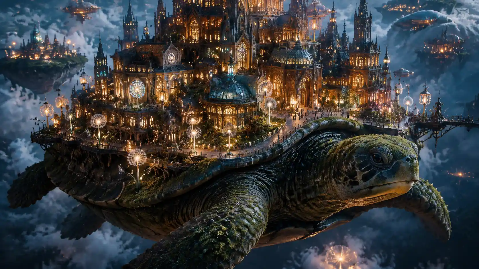 Surreal city rising on the back of a colossal turtle